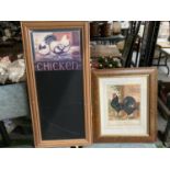 A CHICKEN BLACKBOARD AND A VICTORIAN PRINT OF A PAIR OF BLACK HAMBURGS