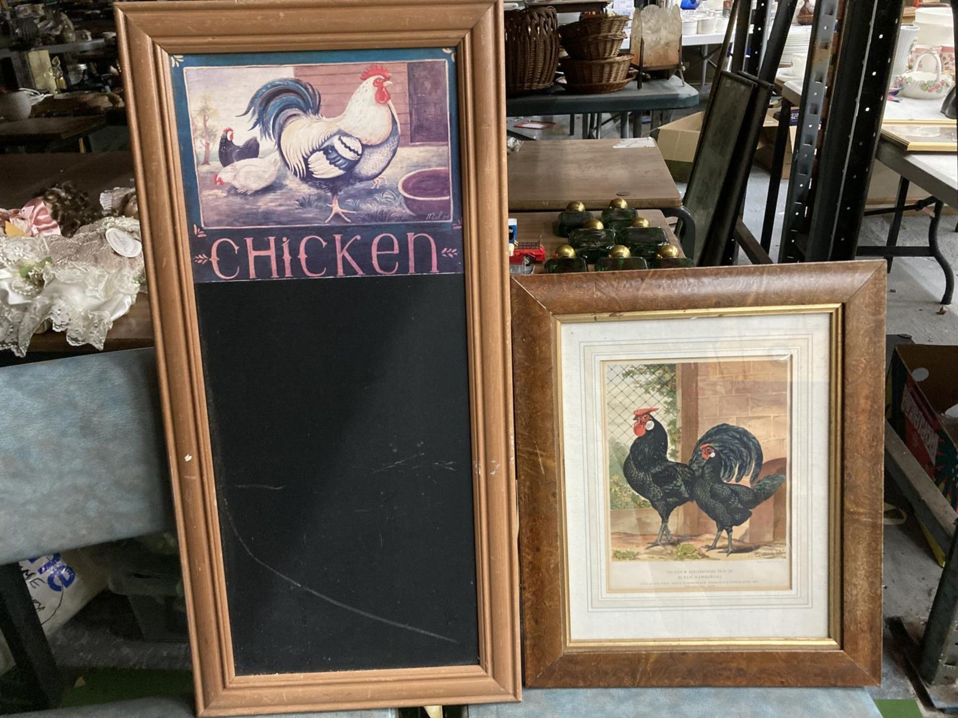 A CHICKEN BLACKBOARD AND A VICTORIAN PRINT OF A PAIR OF BLACK HAMBURGS