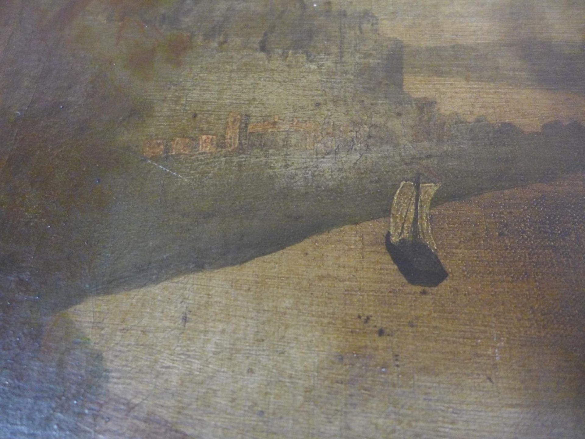 A SPECULATIVE LATE 18TH CENTURY NAIVE PICTURE DEPICTING SHIPS AT SAIL IN AN ESTUARY OIL ON CANVAS, - Image 4 of 6