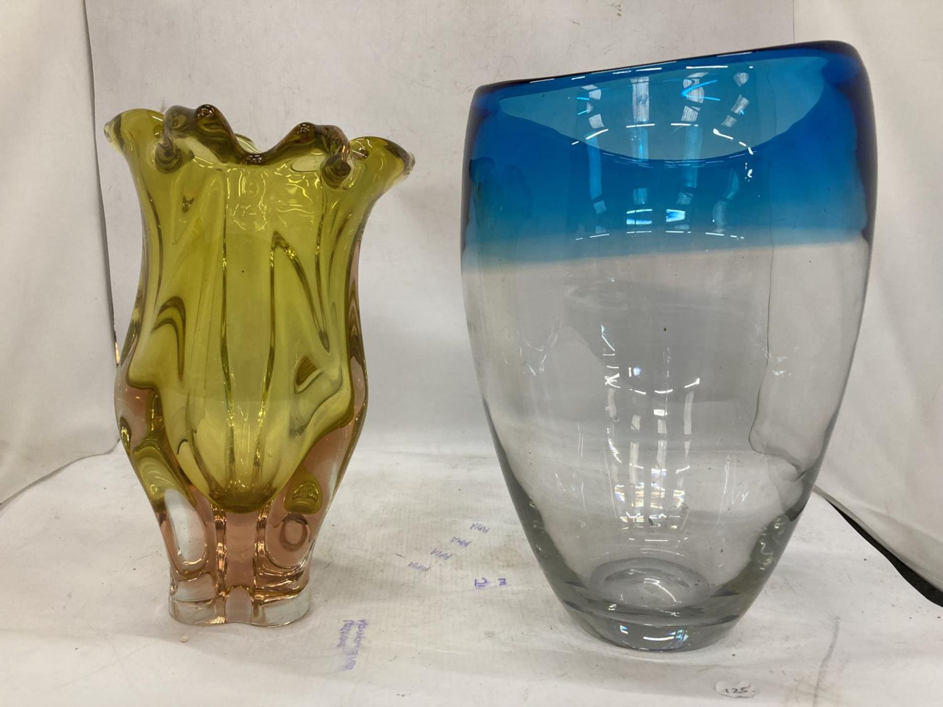 TWO HEAVY STUDIO ART GLASS COLOURED VASES
