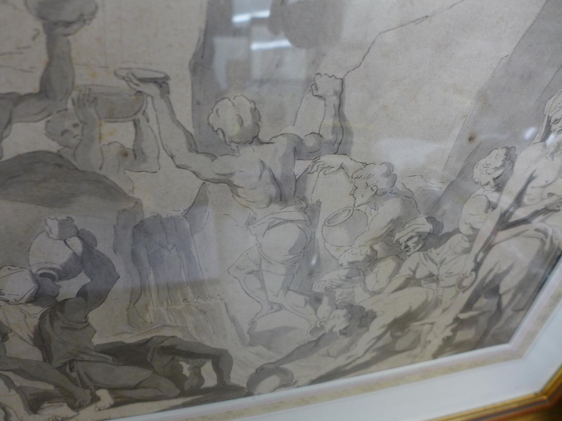 AN ANTIQUE PEN AND INK DRAWING OF MOSES STRIKING THE ROCK TO BRING FORTH WATER, 42X76CM, FRAMED - Image 3 of 5