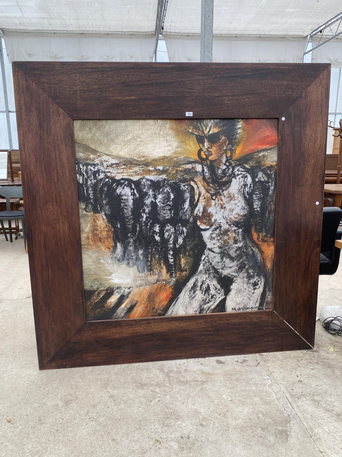 A LARGE SOUTH AFRICAN ARTWORK OIL ON BOARD WITH INDESTINCT SIGNATURE TO LOWER RIGHT HAND CORNER,