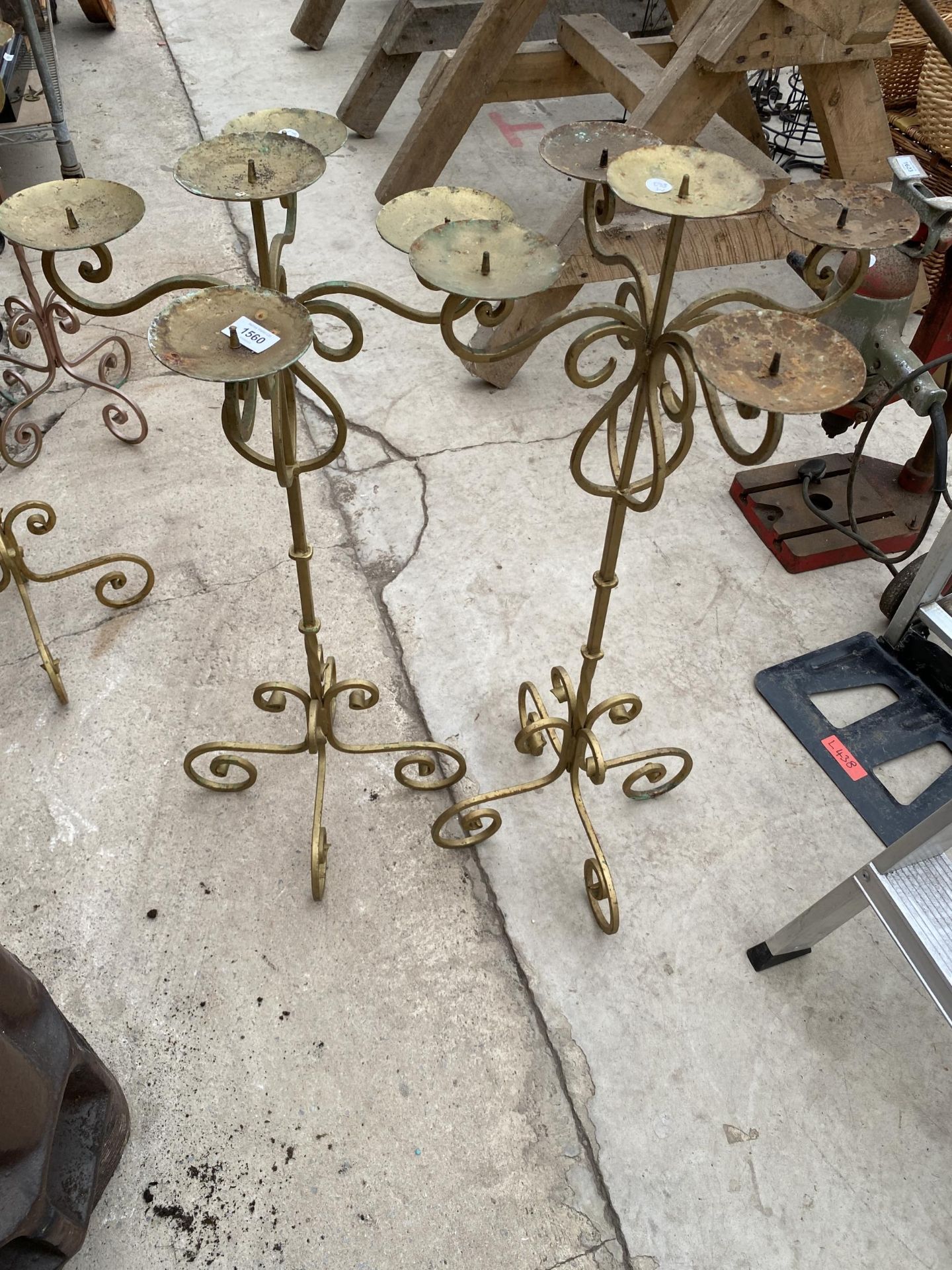 TWO WROUGHT IRON FOUR BRANCH CANDLE HOLDERS (H:89CM)