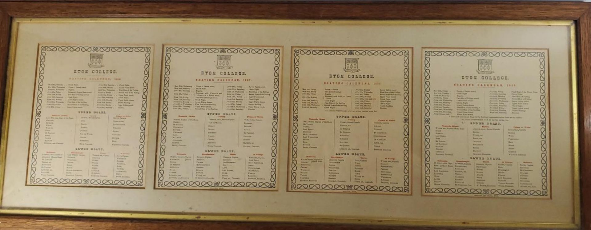FOUR ETON COLLEGE BOATING CALENDARS FOR THE YEARS 1856, 1857, 1858 AND 1859, FRAMED