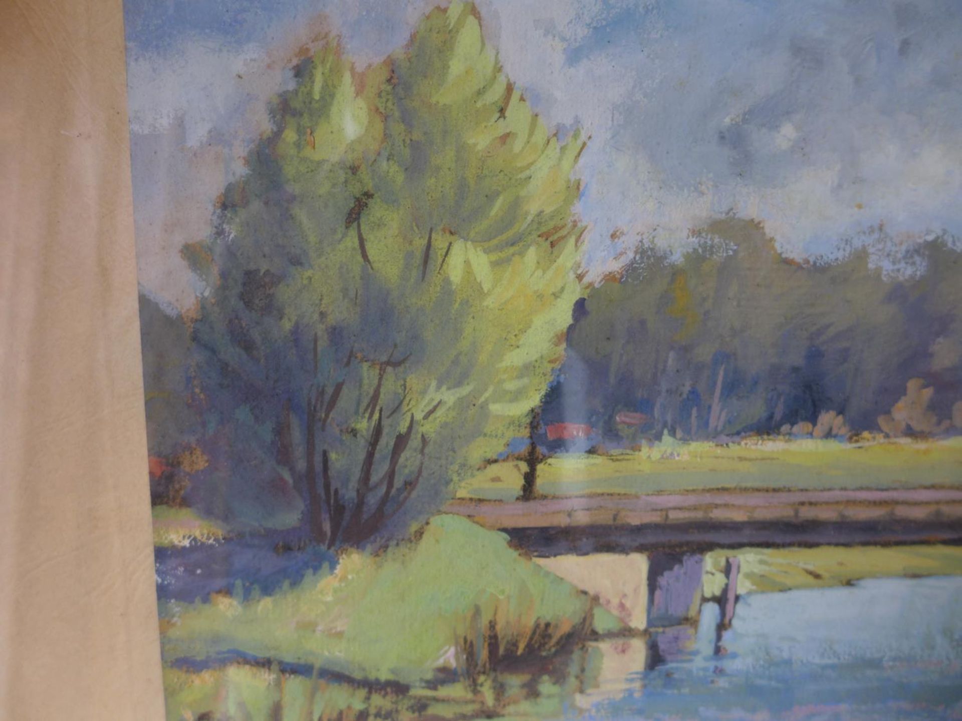 K KERNLACHNER, RIVER AND BRIDGE SCENE, PASTEL, SIGNED ON MOUNT, 28X36CM, FRAMED AND GLAZED - Image 4 of 4