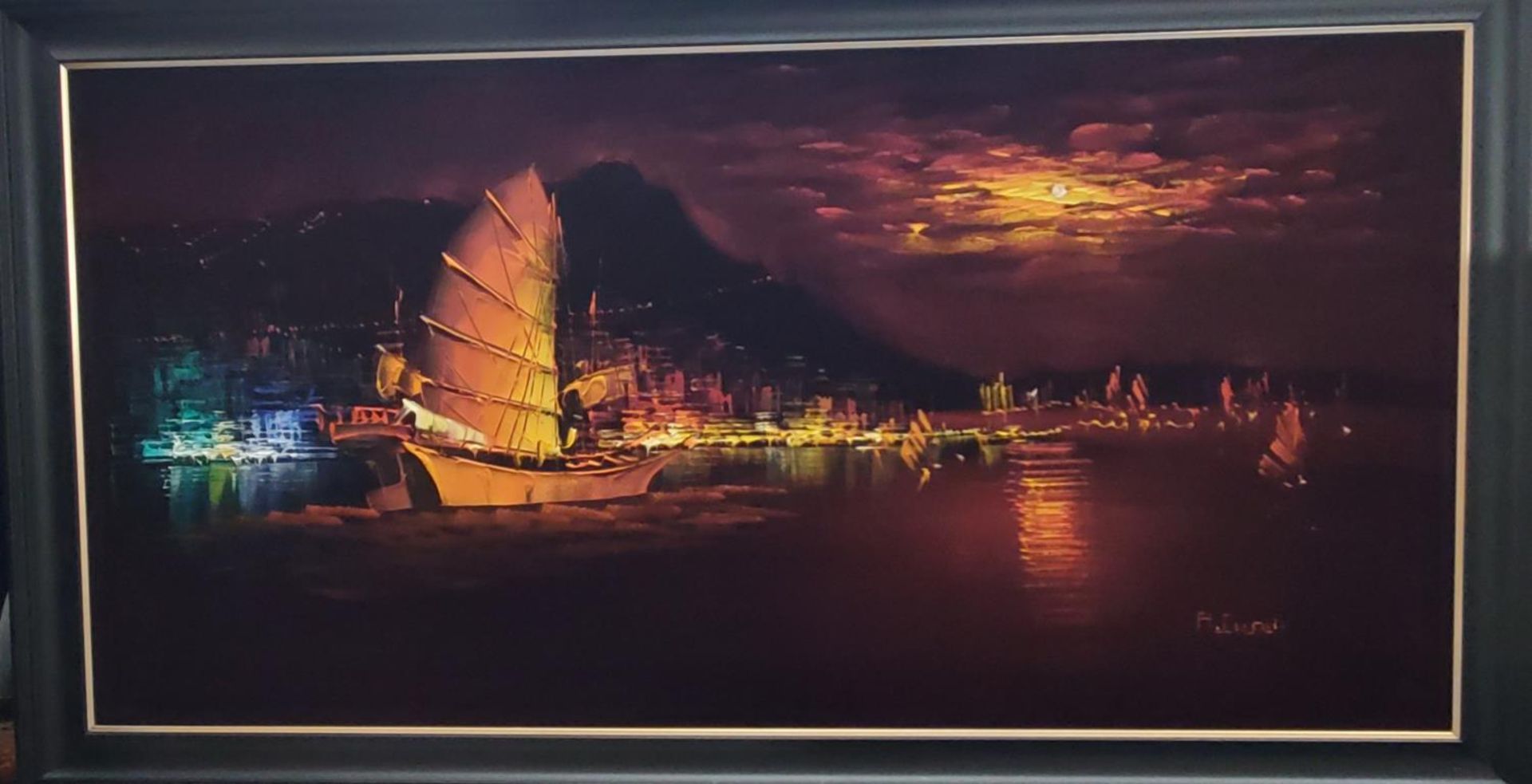 A LARGE VELVET PICTURE OF A BOAT 72CM X 133CM