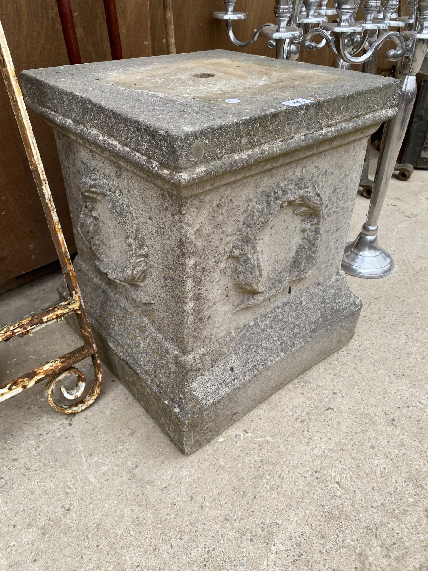 A SQUARE RECONSTITUTED STONE PEDESTAL BASE - Image 2 of 4