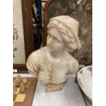 A VINTAGE ITALIAN MARBLE STYLE BUST OF A LADY, (NECK A/F)