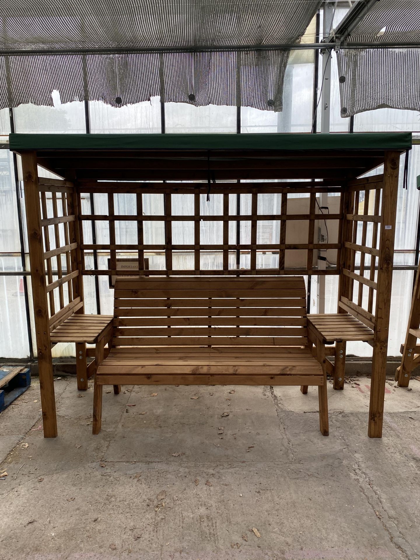 AN AS NEW EX DISPLAY CHARLES TAYLOR THREE SEATER GARDEN BENCH WITH CANOPY AND ARMREST SIDE TABLES *