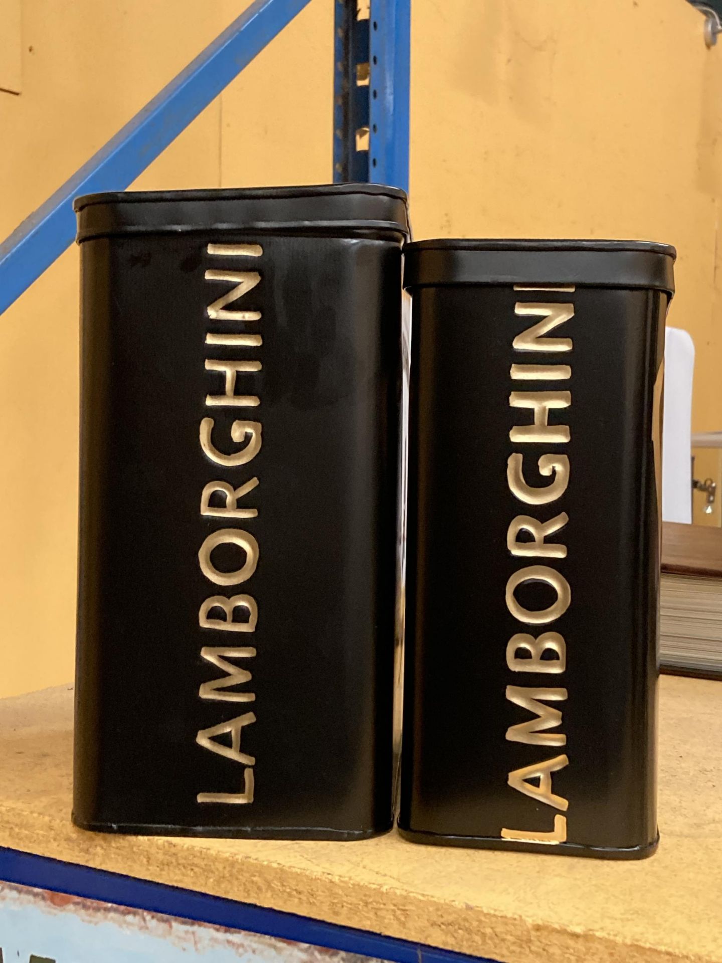 TWO METAL LAMBORGHINI LIDDED PETROL CANS / STORAGE TINS - Image 2 of 2