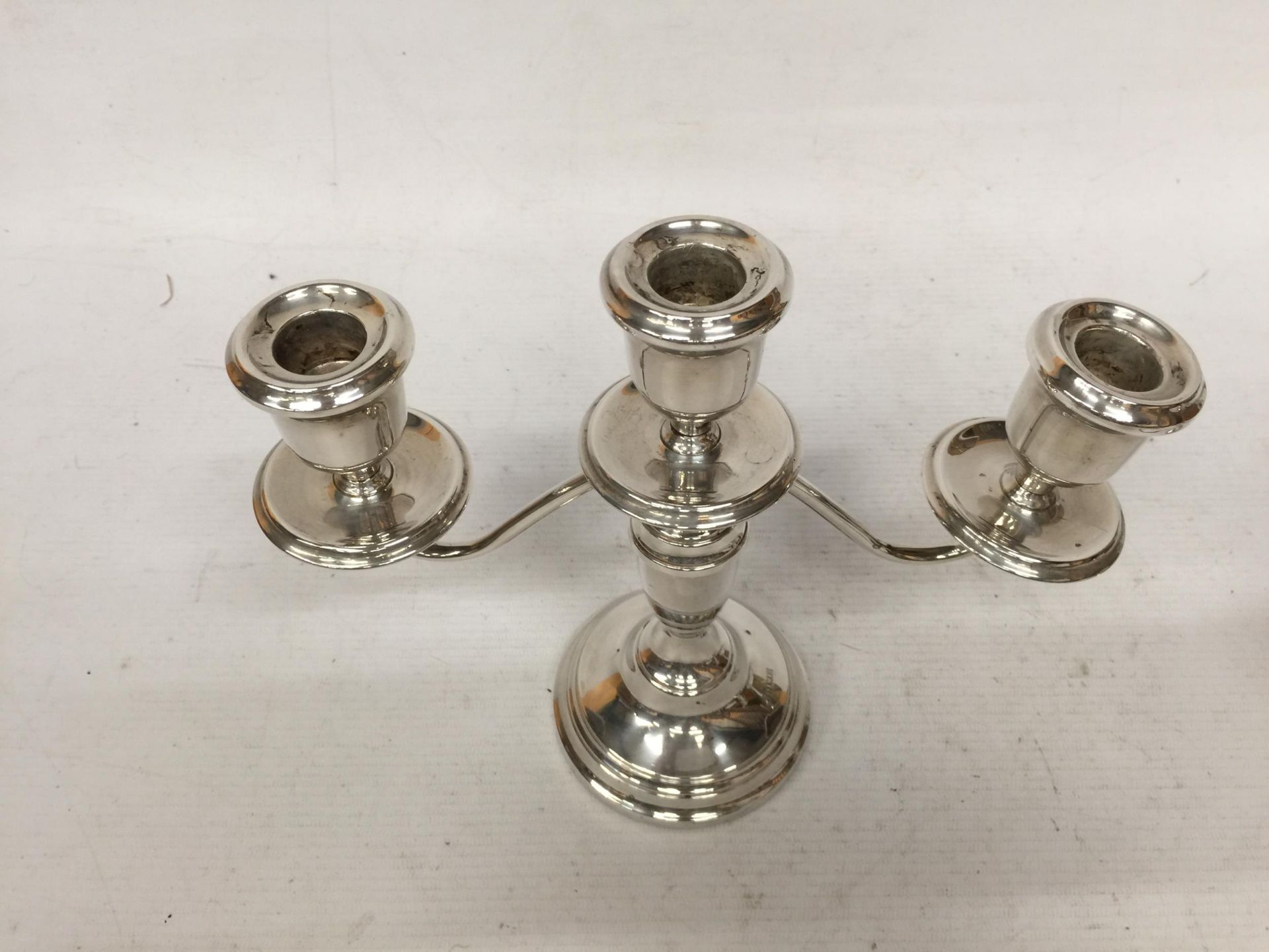 A HALLMARKED SILVER THREE BRANCH CANDLEABRA, (WEIGHTED BASE) - Image 3 of 4