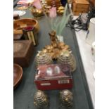 A PAIR OF BEEHIVE SALT AND PEPPER POTS, BEEHIVE CANDLE HOLDERS, FLOWER ORNAMENT AND A FAIRY