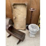 AN ASSORTMENT OF VINTAGE ITEMS TO INCLUDE A DOLLS CRIB, A GRAVE POT HOLDER AND AN ASHTRAY STAND ETC