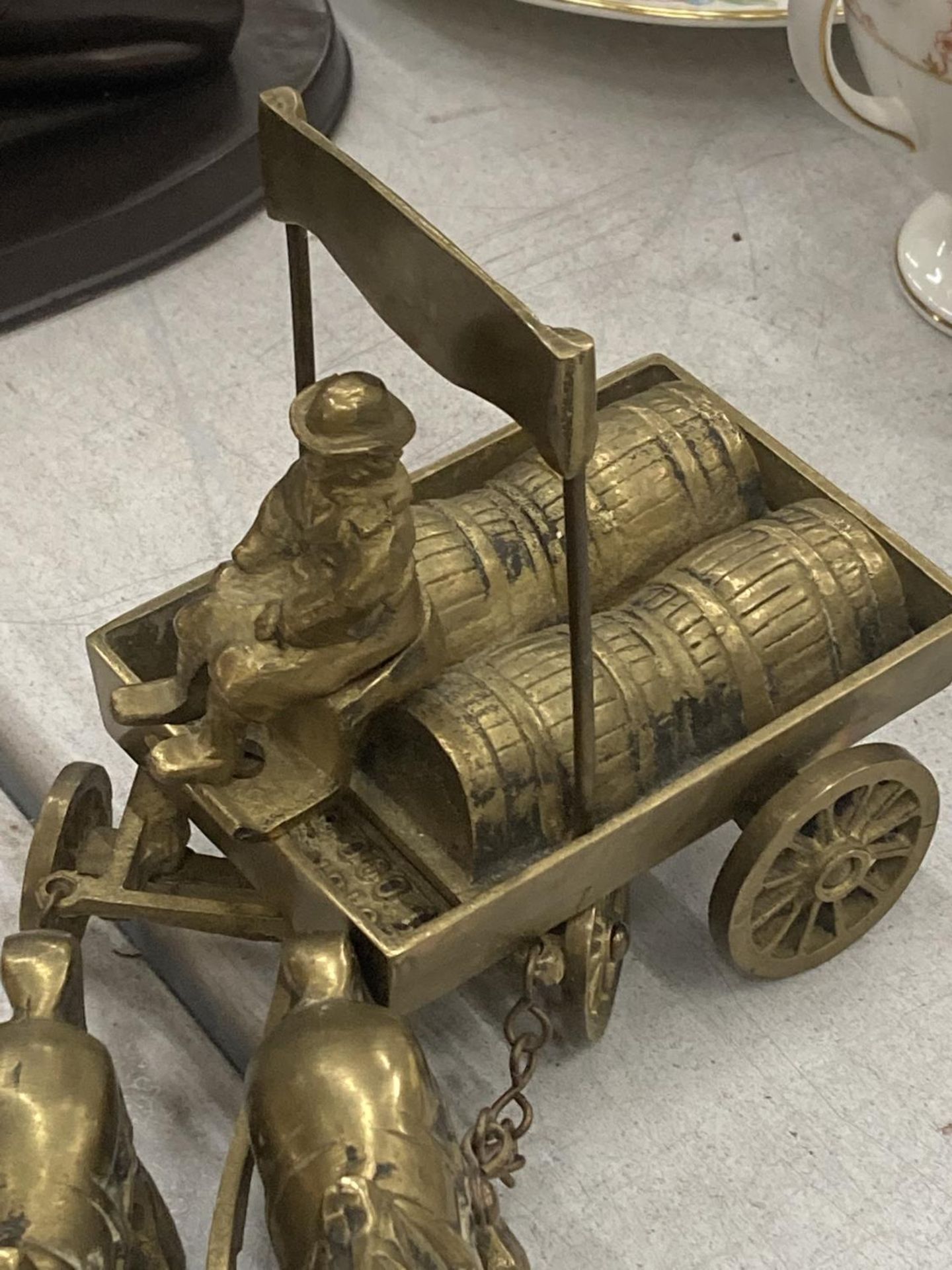 A HEAVY BRASS MODEL OF SHIRE HORSES PULLING A DRAY - Image 3 of 4