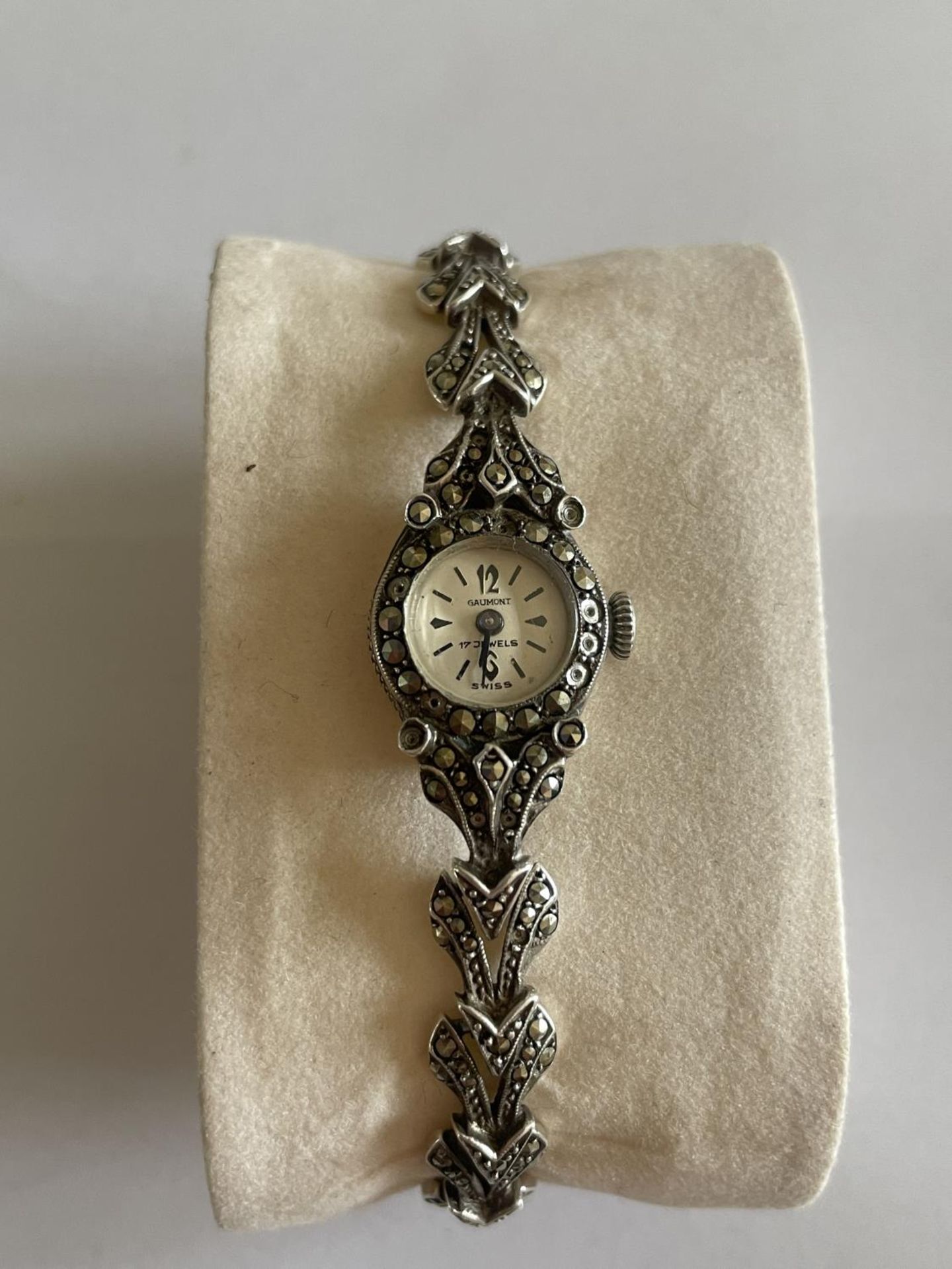 A DECORATIVE SILVER AND MARCASITE STYLE WATCH NOT SEEN WORKING - Image 2 of 2