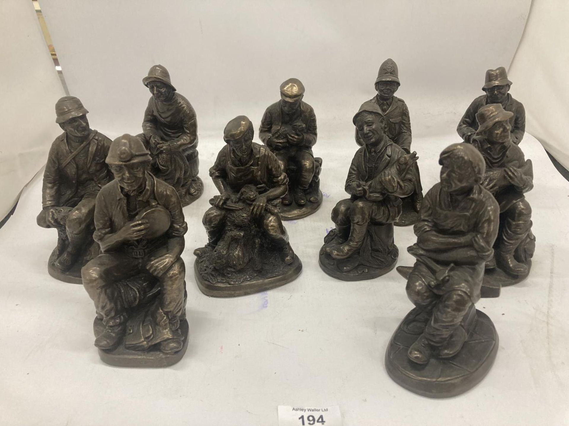 A COLLECTION OF VINTAGE STYLE FIGURES TO INCLUDE A BLACKSMITH, FISHERMAN, MINER, FARMER, ETC - 10 IN - Bild 3 aus 3