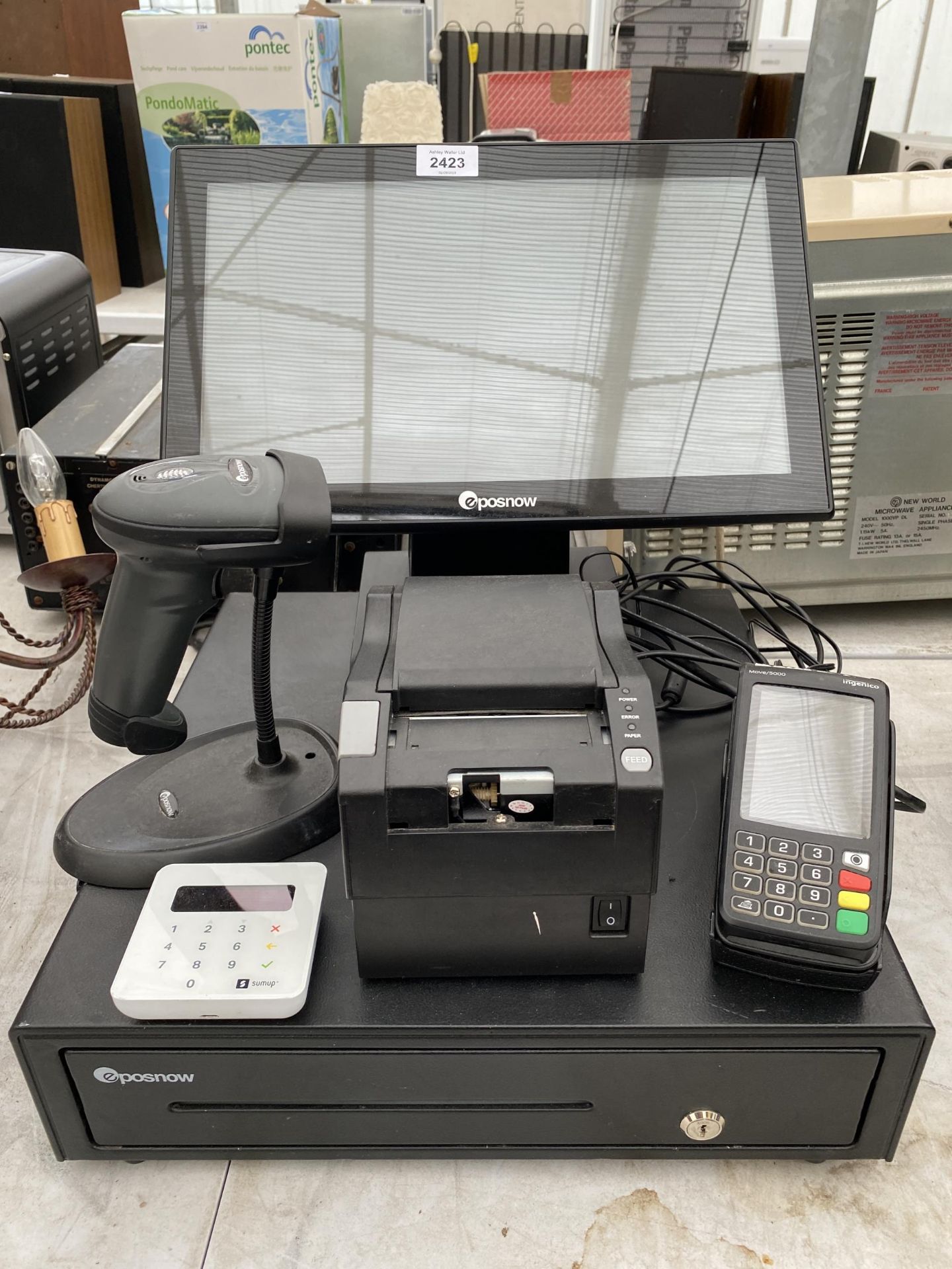 AN EPOSNOW TILL SCREEN AND CASH DRAWER, A TILL RECIEPT PRINTER AND A CARD MACHINE ETC