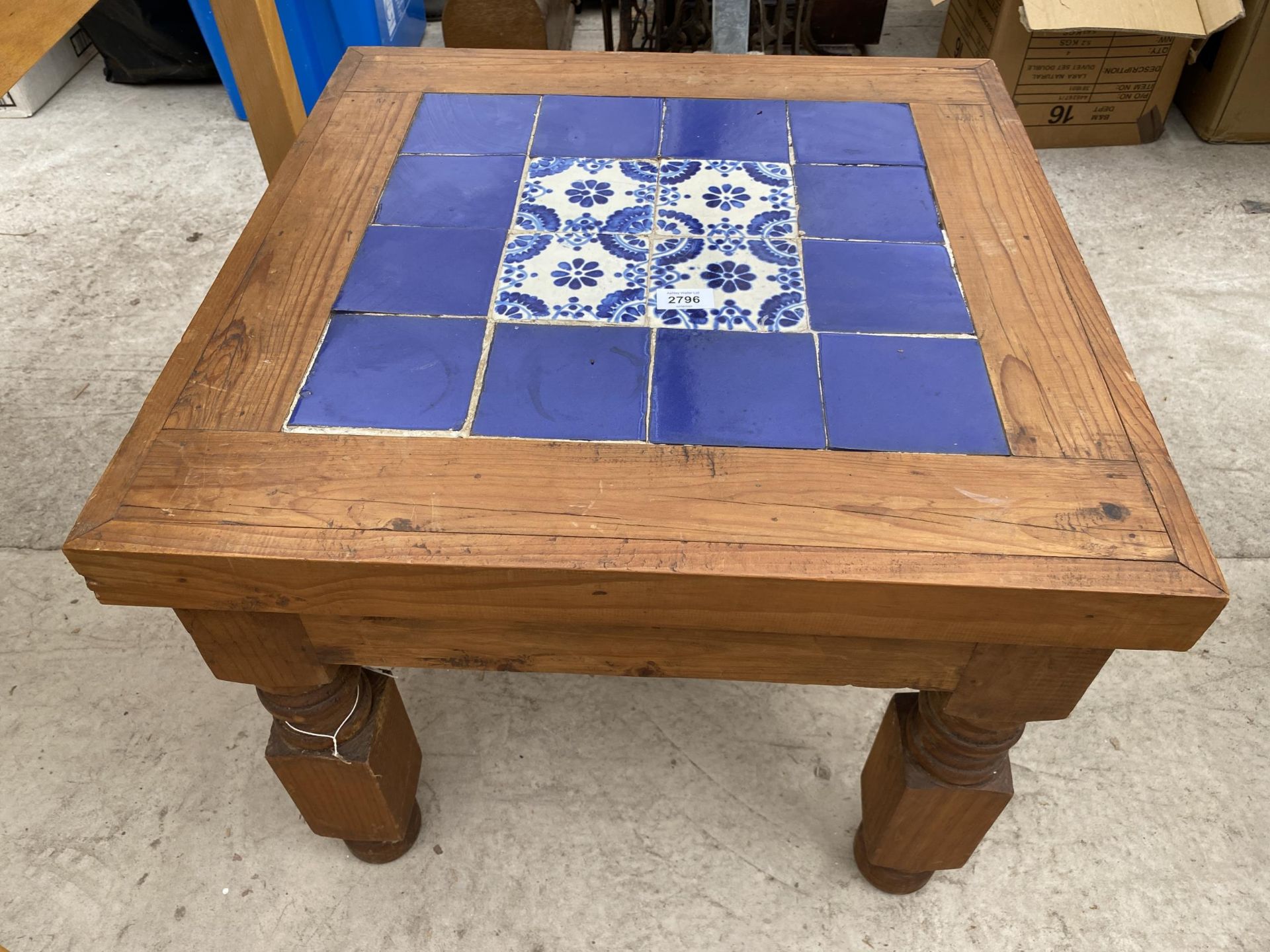 A MODERN PINE LAMP TABLE WITH INSET TILE TOP, 23.5" SQUARE