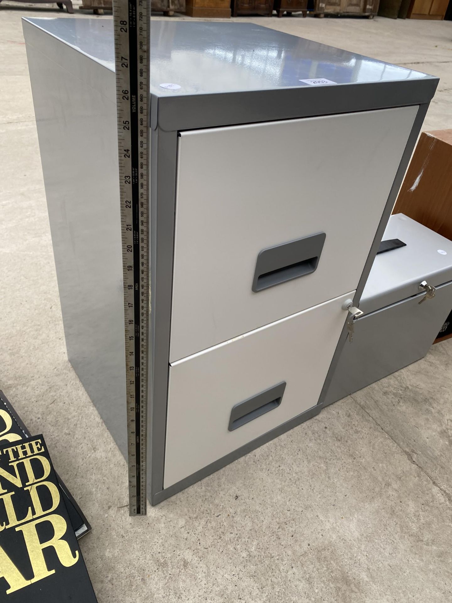 A TWO DRAWER METAL FILING CABINET AND A METAL LOCK BOX - Image 2 of 3