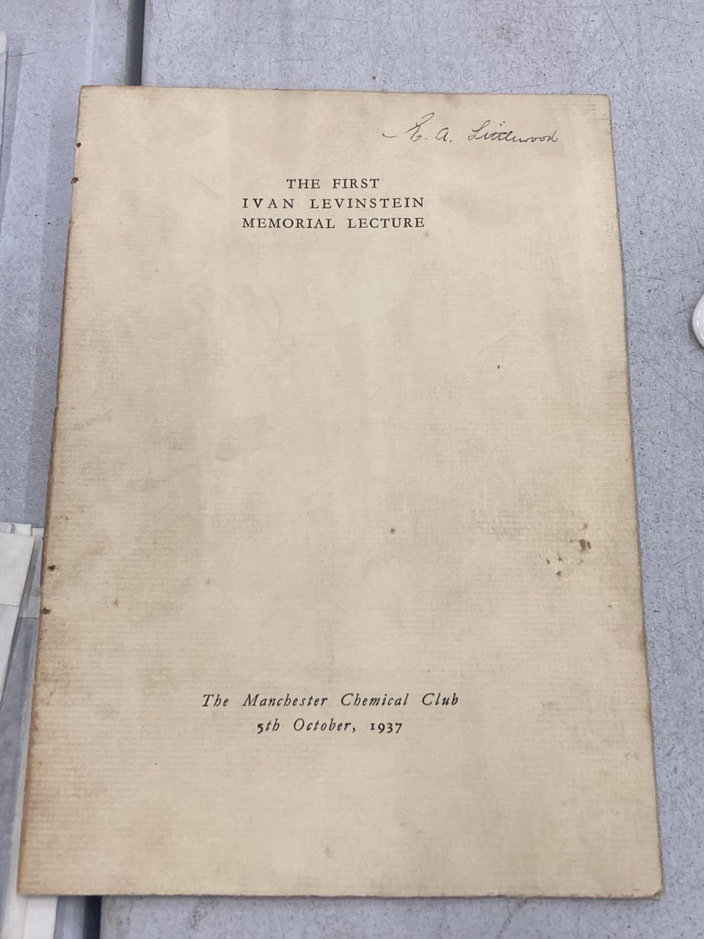 A COPY OF THE FIRST IVAN LEVINSTEIN MEMORIAL LECTURE AT THE MANCHESTER CLUB, 5TH OCTOBER, 1937