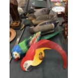 THREE MALLARD DECOY DUCKS AND TWO WOODEN PARROTS