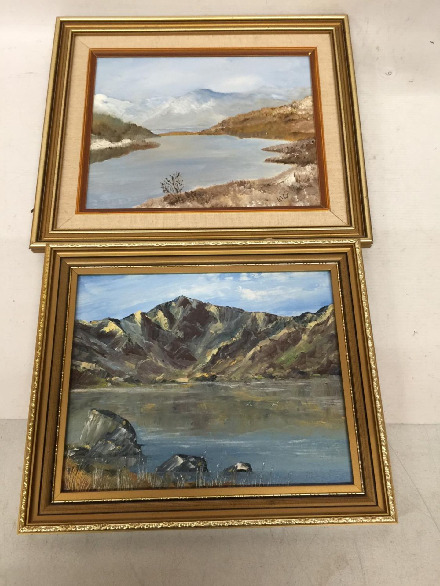 TWO OILS ON BOARD PAINTINGS OF NORTH WALES, 'ERYRI YN Y GAEAT' BY K.V. WILLIAMS, 19X24CM