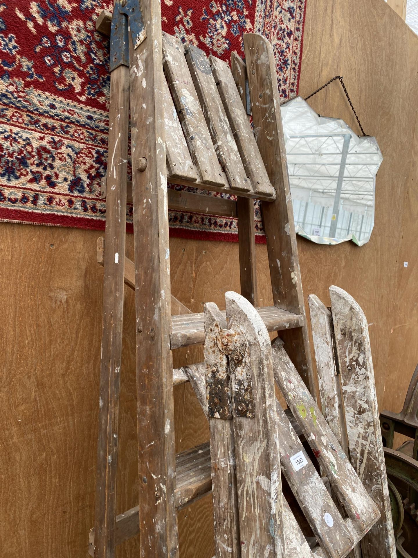 TWO SETS OF VINTAGE WOODEN STEP LADDERS AND A SMALL FOLDING STEP LADDER - Image 3 of 3