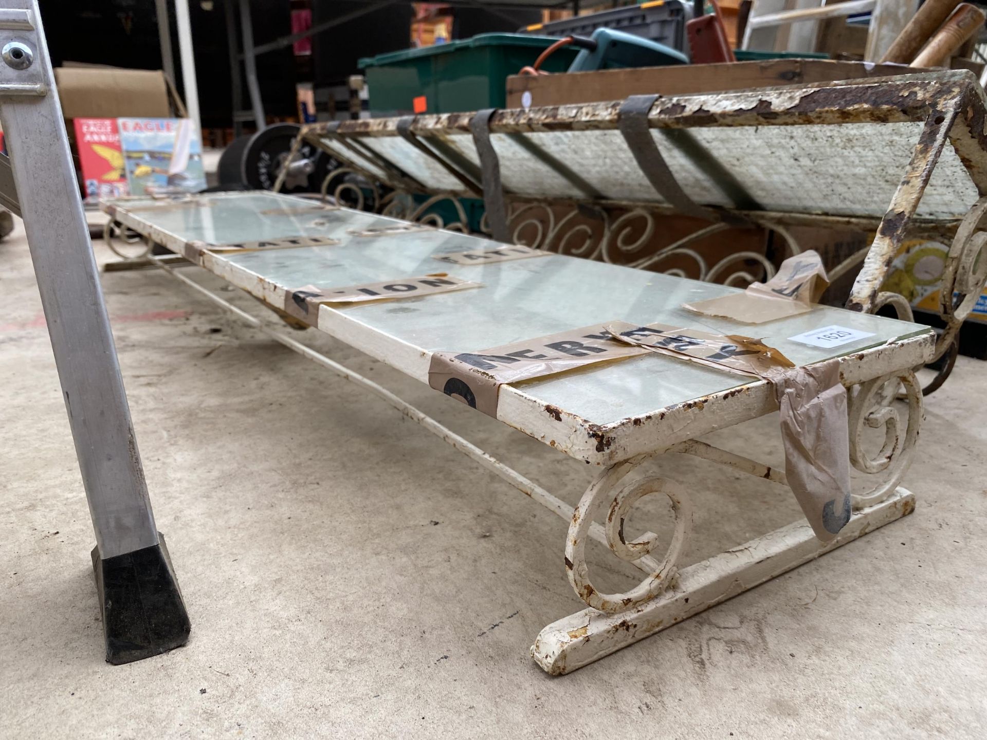 TWO VINTAGE METAL AND GLASS WALL SHELVES - Image 3 of 3