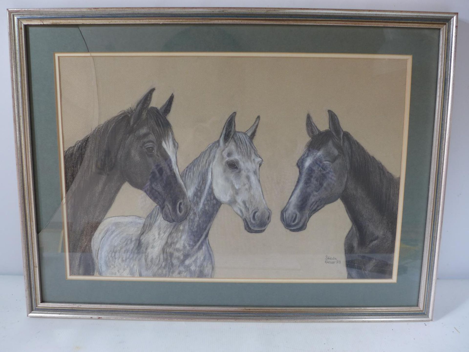 SHEILA EXCELL (BRITISH 20TH CENTURY) STUDY OF THREE HORSES, PASTEL, SIGNED AND DATED 83, 33X50CM,