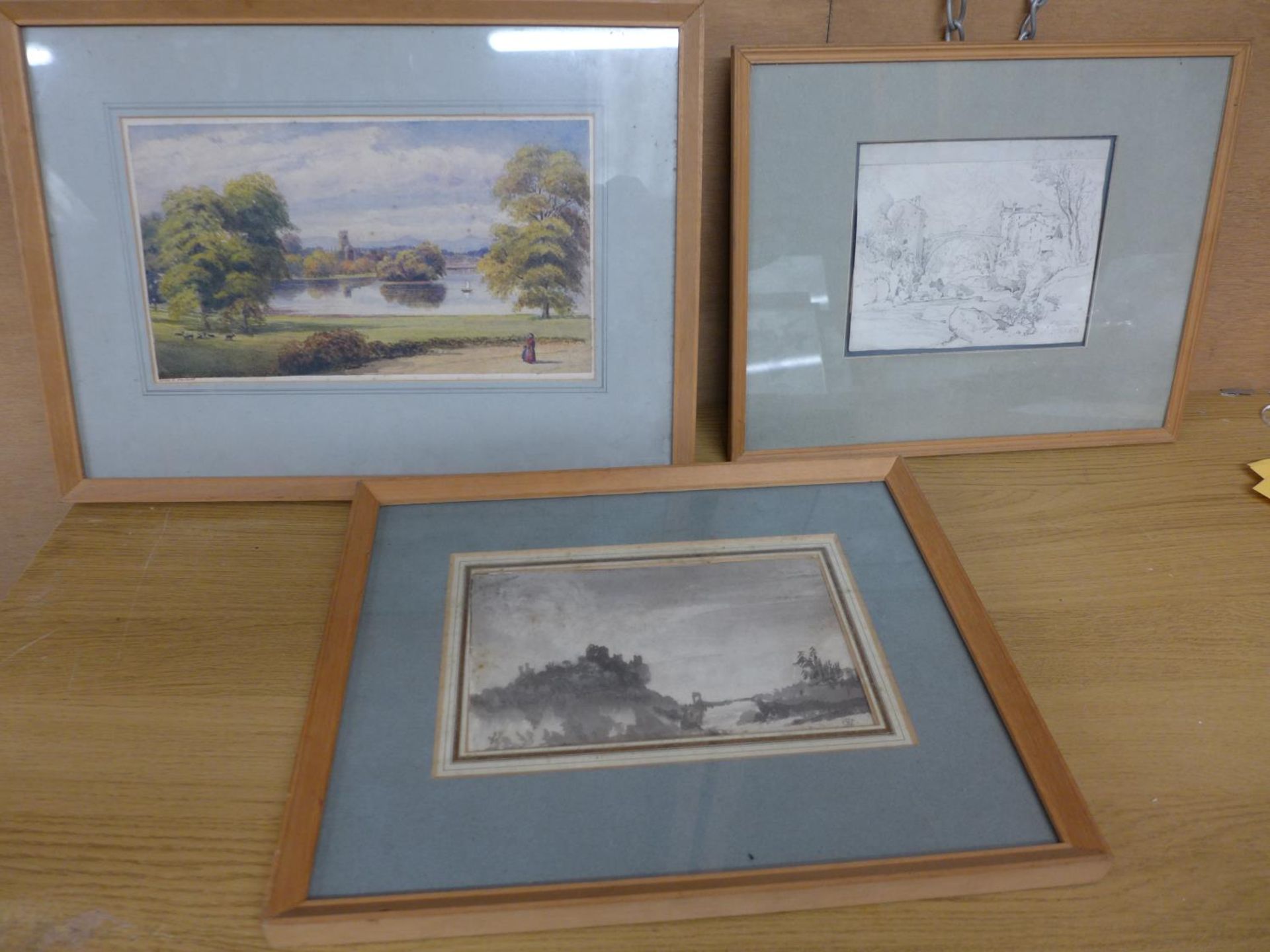 MANNER OF SIR GEORGE HAYTER (1792-1871) CASTLE LANDSCAPE, MONOCHROME WATERCOLOUR, BEARS INITIALS,