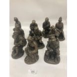 A COLLECTION OF VINTAGE STYLE FIGURES TO INCLUDE A BLACKSMITH, FISHERMAN, MINER, FARMER, ETC - 10 IN