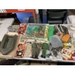 A COLLECTION OF ACTION MAN FIGURES AND ACCESSORIES, CAMP SET, DINGY, CLOTHES ETC