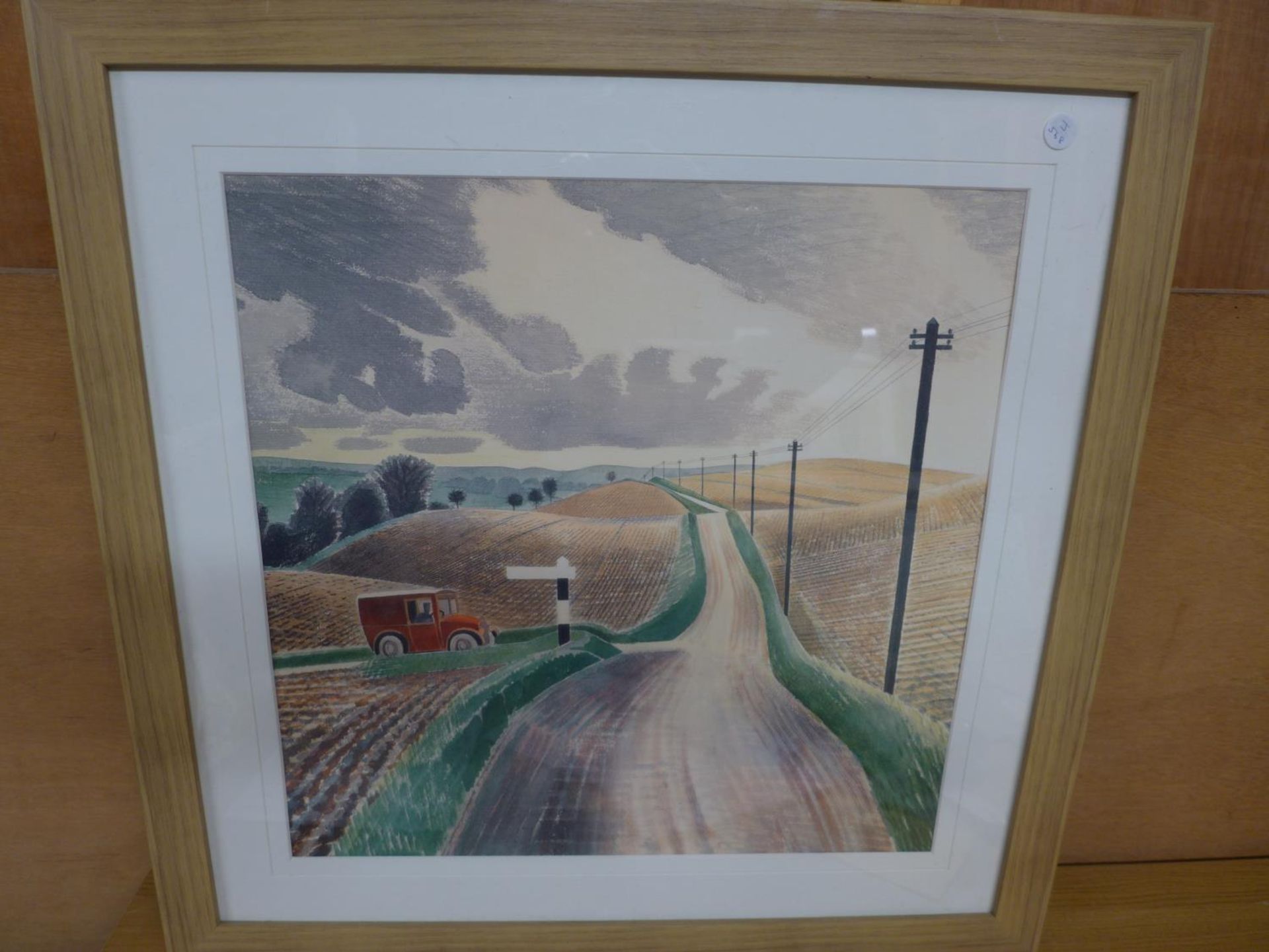 ERIC RAVILLOUS, COLOURED PRINT, 'WILTSHIRE COUNTRYSIDE', 45X46CM, FRAMED AND GLAZED