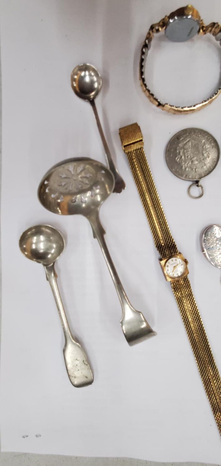 A SILVER LOCKET AND CHAIN, TWO VINTAGE LADIES WRISTWATCHES, FLATWARE, A KING GEORGE VI CORONATION - Image 2 of 3