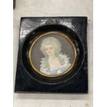 A 19TH CENTURY HAND PAINTED PORTRAIT OF A LADY, SIGNED MONET, IN EBONISED WOODEN FRAME, 10 X 9CM