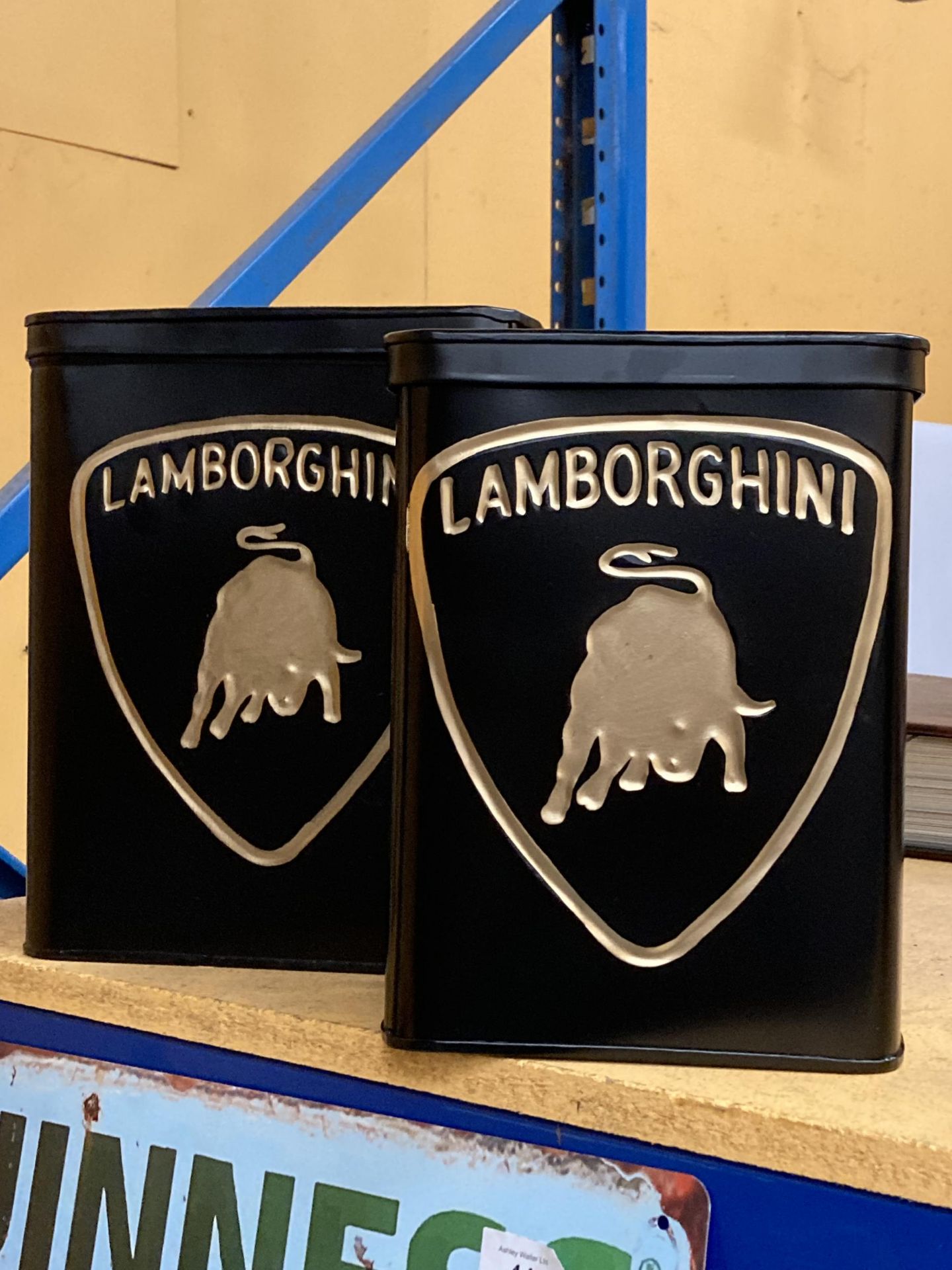 TWO METAL LAMBORGHINI LIDDED PETROL CANS / STORAGE TINS