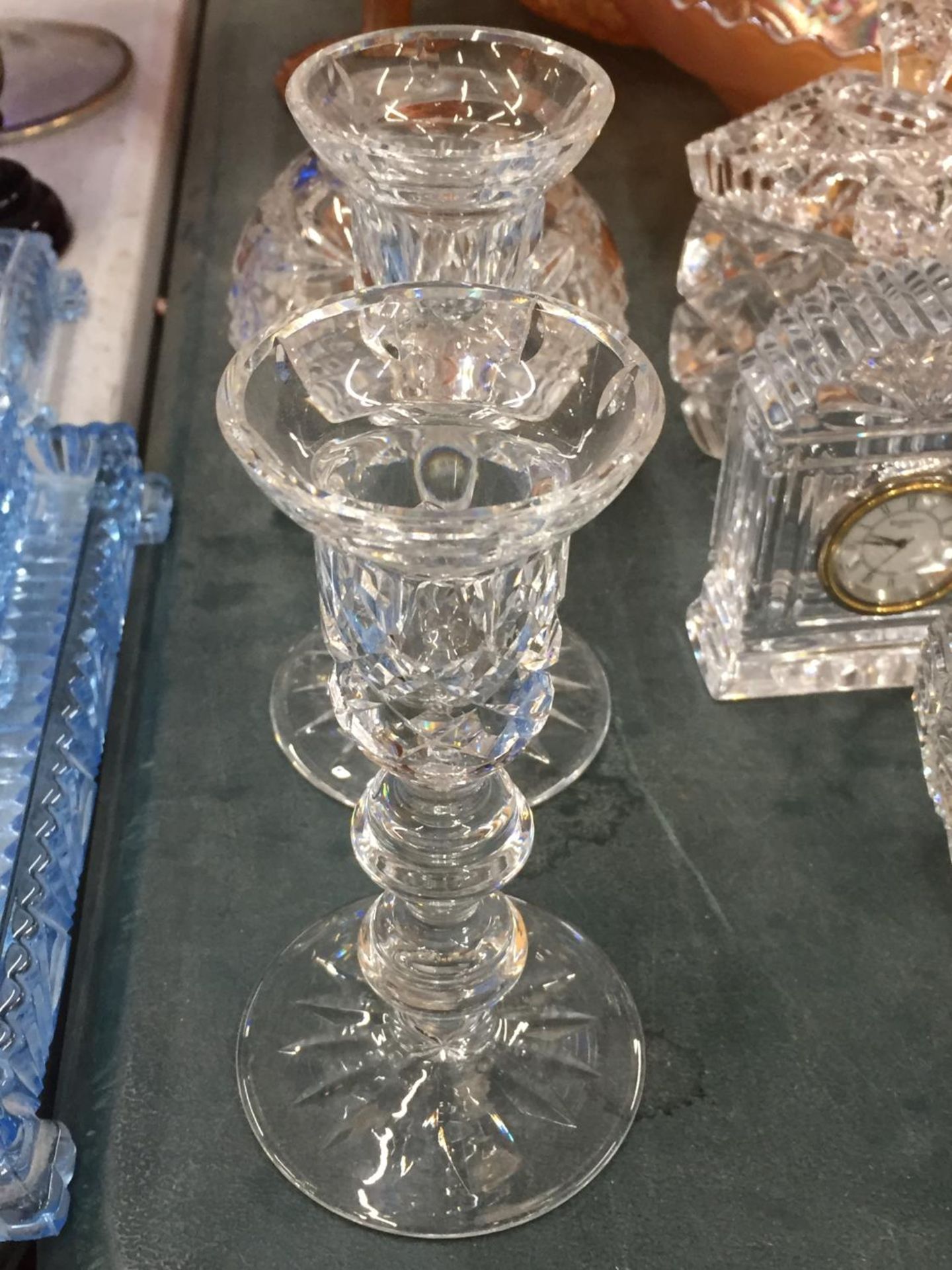 THREE WATERFORD CRYSTAL MINIATURE CLOCKS, WATERFORD PAIR OF CANDLESTICKS AND CARNIVAL GLASS DISHES - Image 5 of 5