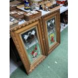 A PAIR OF OAK FRAMED MIRRORS WITH PAINTED FLORAL AND ETCHED DESIGN