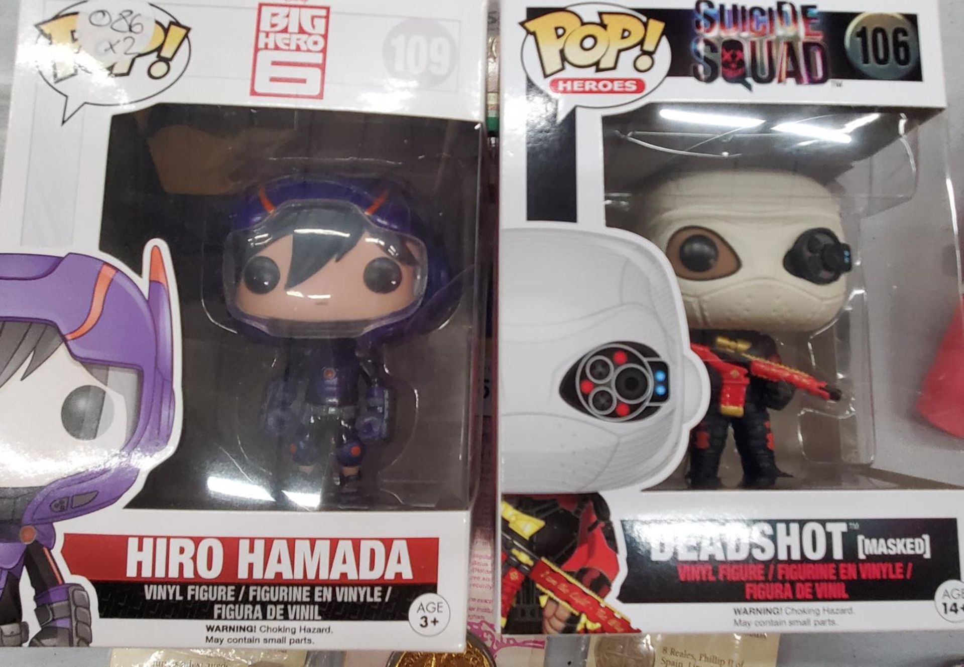 TWO FUNKO POP VINYL FIGURES TO INCLUDE 'HIRO HAMADA' AND 'DEADSHOT SUICIDE SQUAD' - AS NEW IN