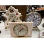 A BATTERY OPERATED CLOCK IN THE FORM OF A POCKET WATCH, WESTCLOX MANTLE CLOCK FAUX MARBLE AND A