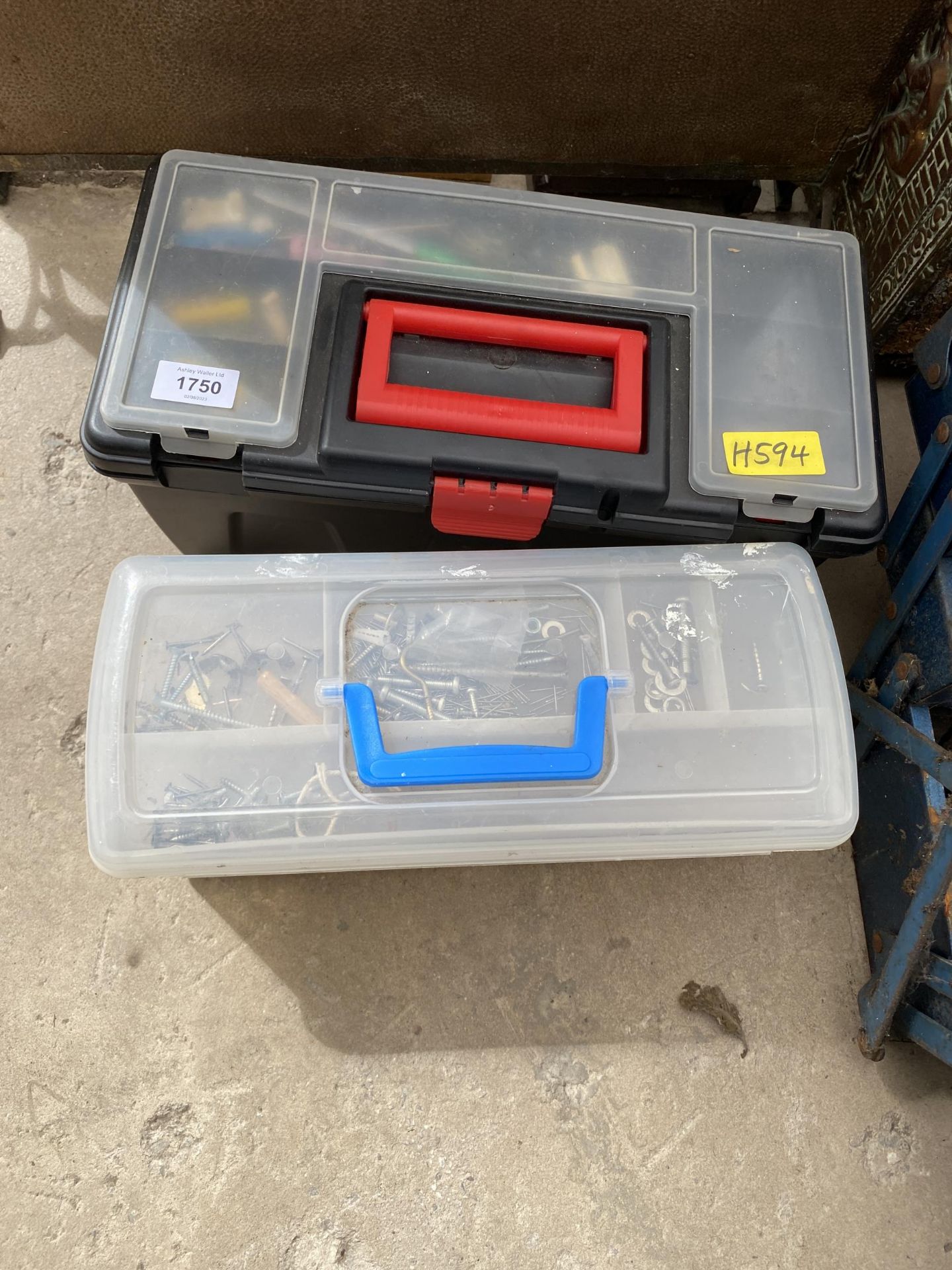 TWO PLASTIC TOOL BOXES CONTAINING AN ASSORTMENT OF TOOLS AND HARDWARE - Image 2 of 2