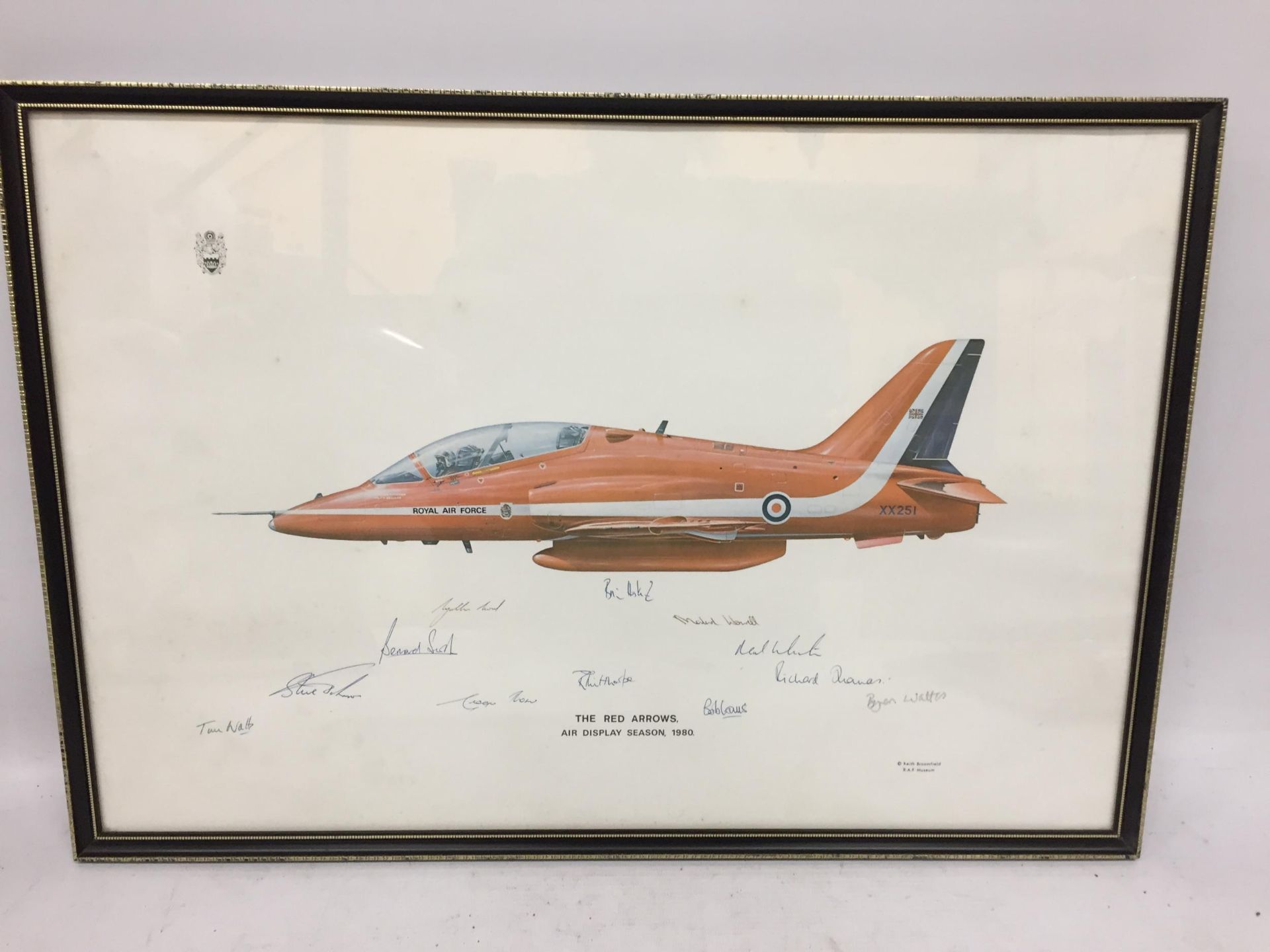 A FRAMED AND SIGNED 'THE RED ARROWS' AIR DISPLAY SEASON, 1980 PICTURE