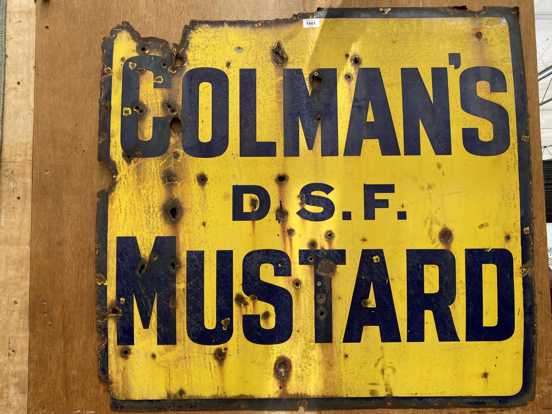 A BELIEVED ORIGINAL ENAMEL COLMANS MUSTARD SIGN (96CM x 91CM)