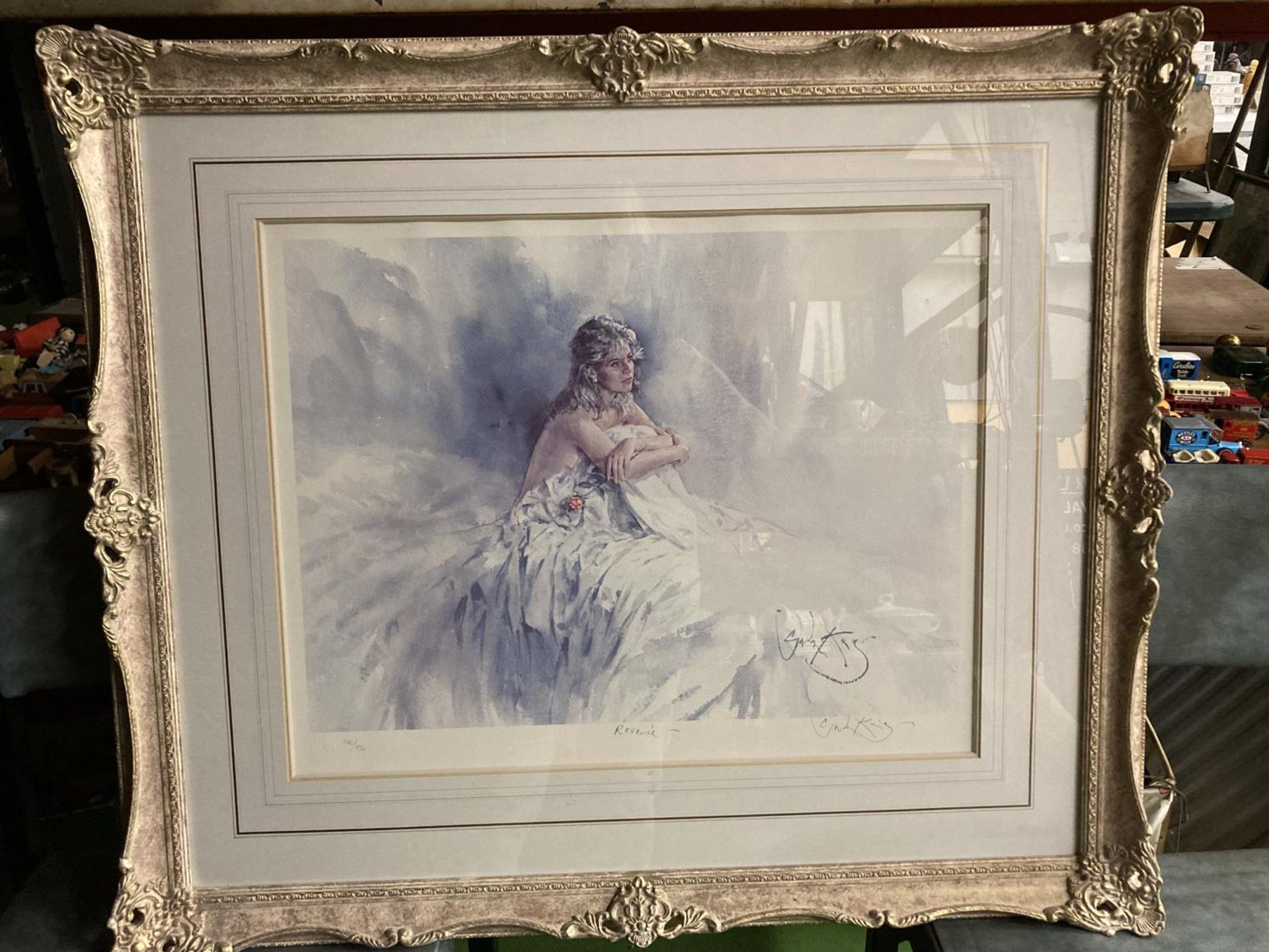 A LARGE ORNATE FRAMED LIMITED EDITION PRINT BY GORDON KING SIGNED IN PENCIL "REVERIE" 60 x 47 CM