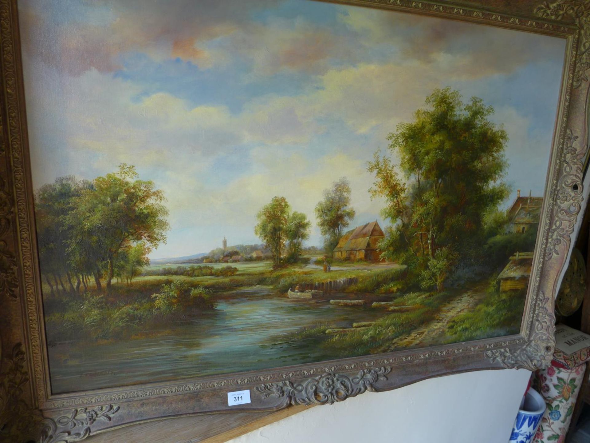 F TENANT (20TH CENTURY), LAKE SCENE WITH FIGURES AND COTTAGE, OIL ON CANVAS, SIGNED, 60X90CM, IN - Image 5 of 5