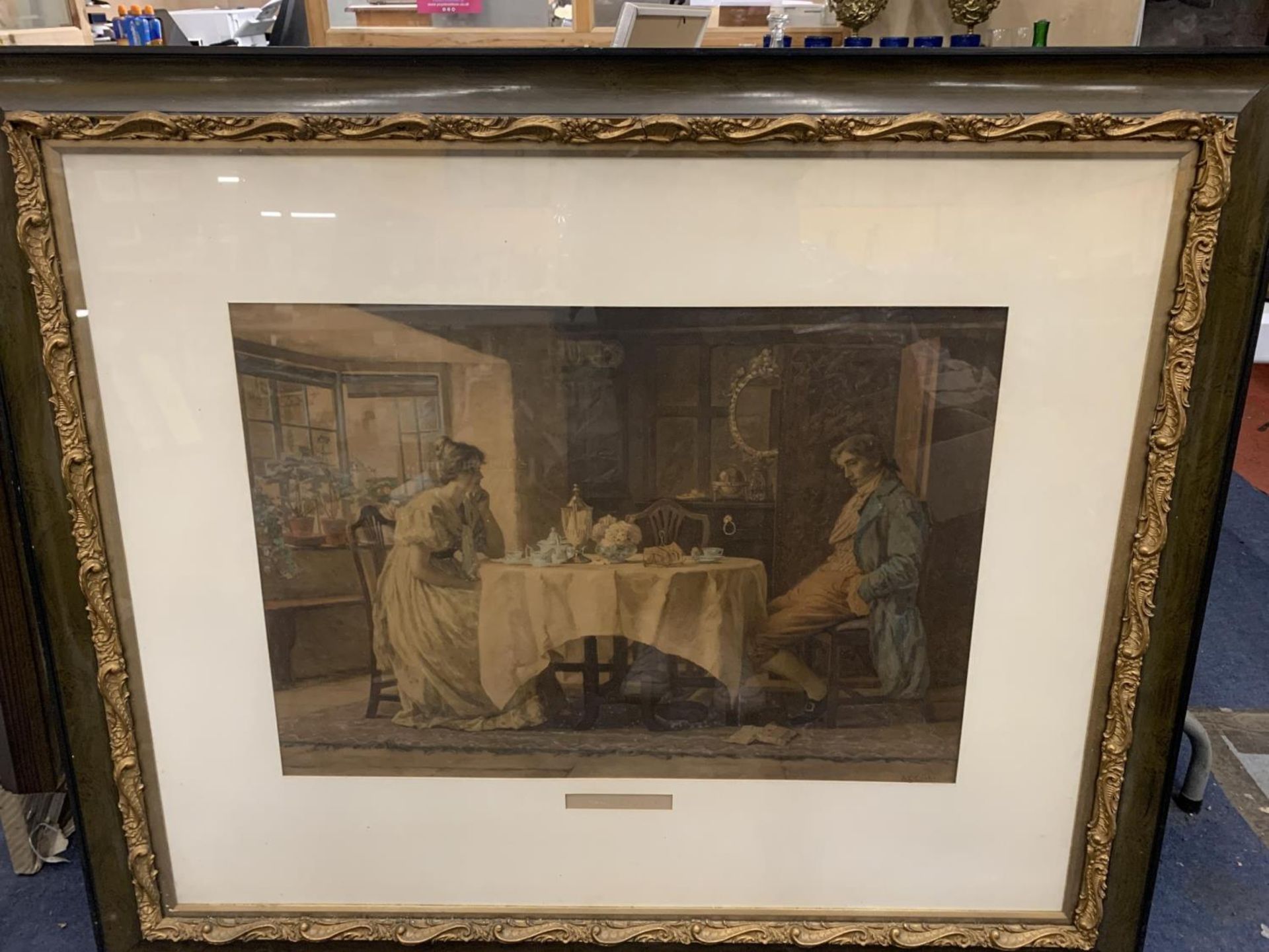 A VERY LARGE VINTAGE PRINT 'DISINHERITED' IN A WOOD AND GILT FRAME, 115CM X 96CM
