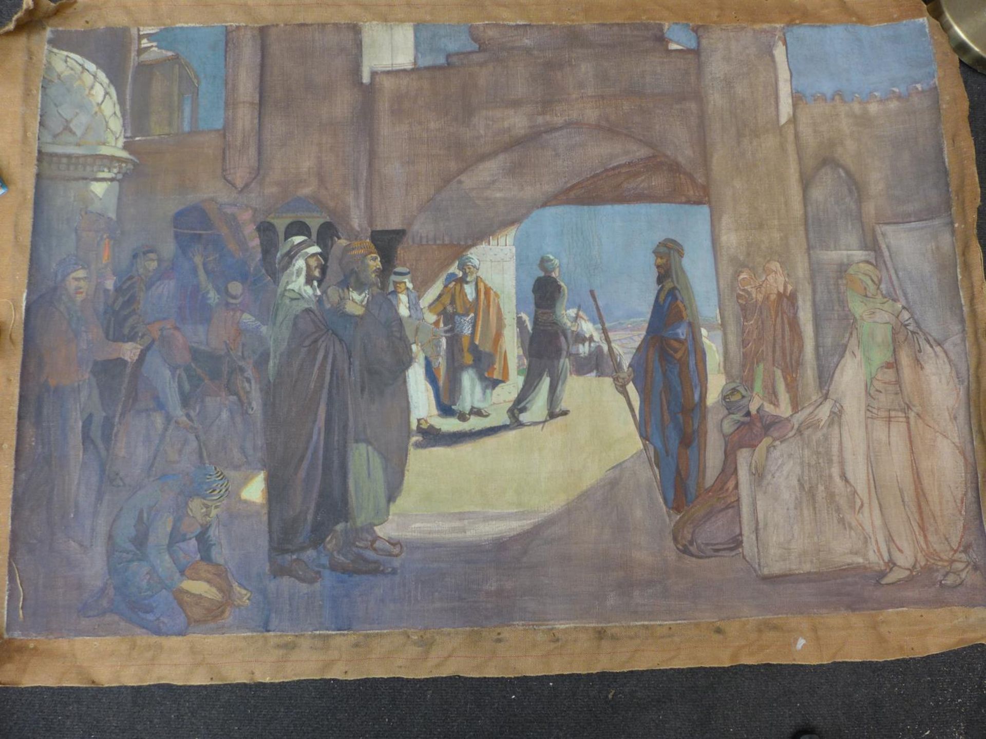 A LARGE EARLY 20TH CENTURY OIL ON CANVAS DEPICTING AN ARAB SCENE, 82X124CM