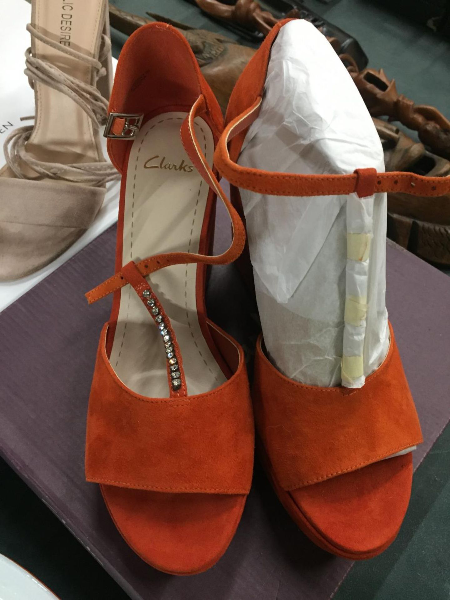 A PAIR OF KAREN MILLEN PUBLIC DESIRE SANDALS, SIZE 7 PLUS A PAIR OF CLARKS ORANGE WEDGE SANDALS SIZE - Image 3 of 3