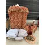 AN ASSORTMENT OF BEDDING, CURTAINS AND CURTAIN LOOPS ETC