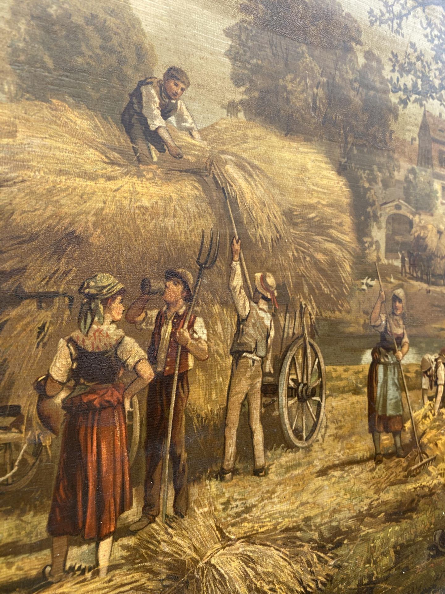 A VINTAGE PRINT ON BOARD OF A FARMING SCENE - Image 3 of 4